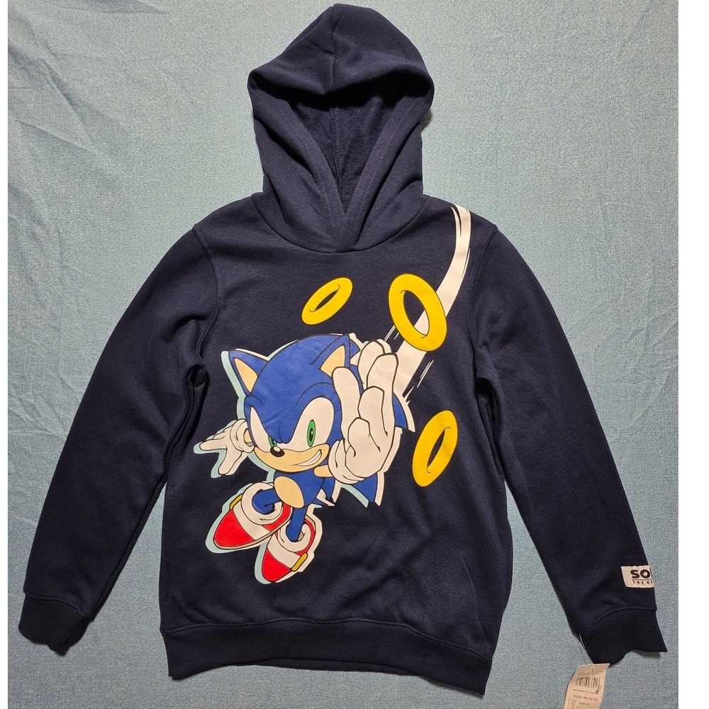 Sonic The Hedgehog Boys Navy Blue Graphic Hoodie Sweatshirt Size M 10/12 NWT
